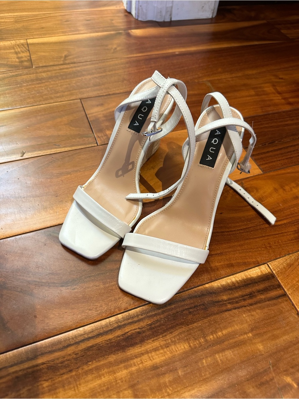 Aqua White Strappy Square-Toe Heeled Sandals with Slim Ankle Strap